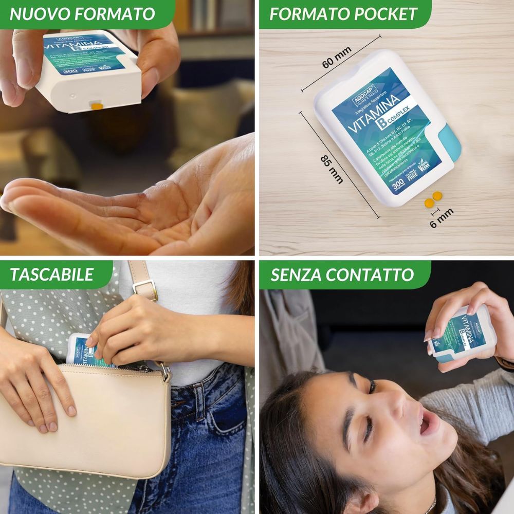 Quattro immagini: prodotto in mano, dimensioni, in borsa, durante l'assunzione. Prodotto: confezione bianca con accenti blu.