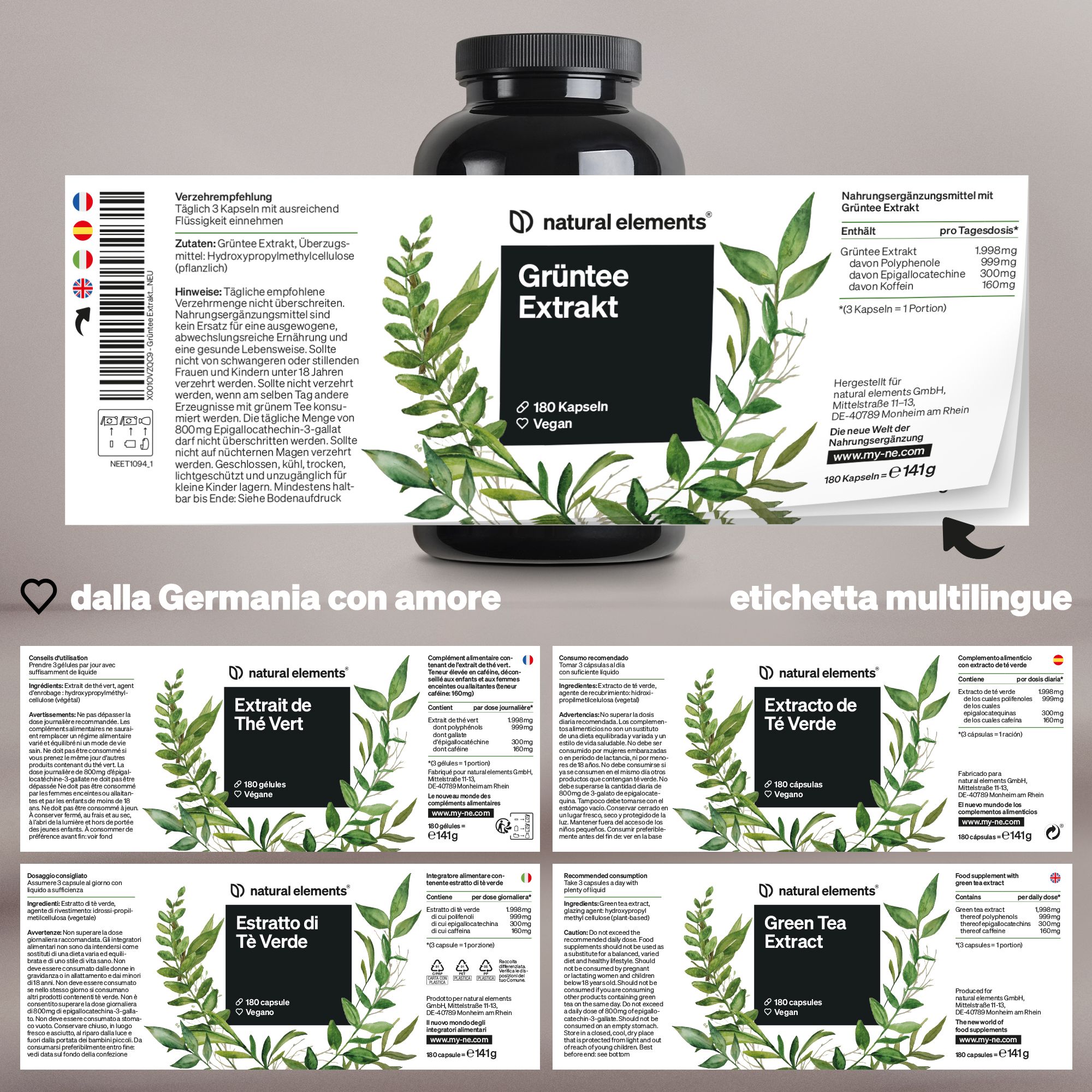 Natural Elements Estratto di Tè Verde capsule, 180 capsule, vegan.
