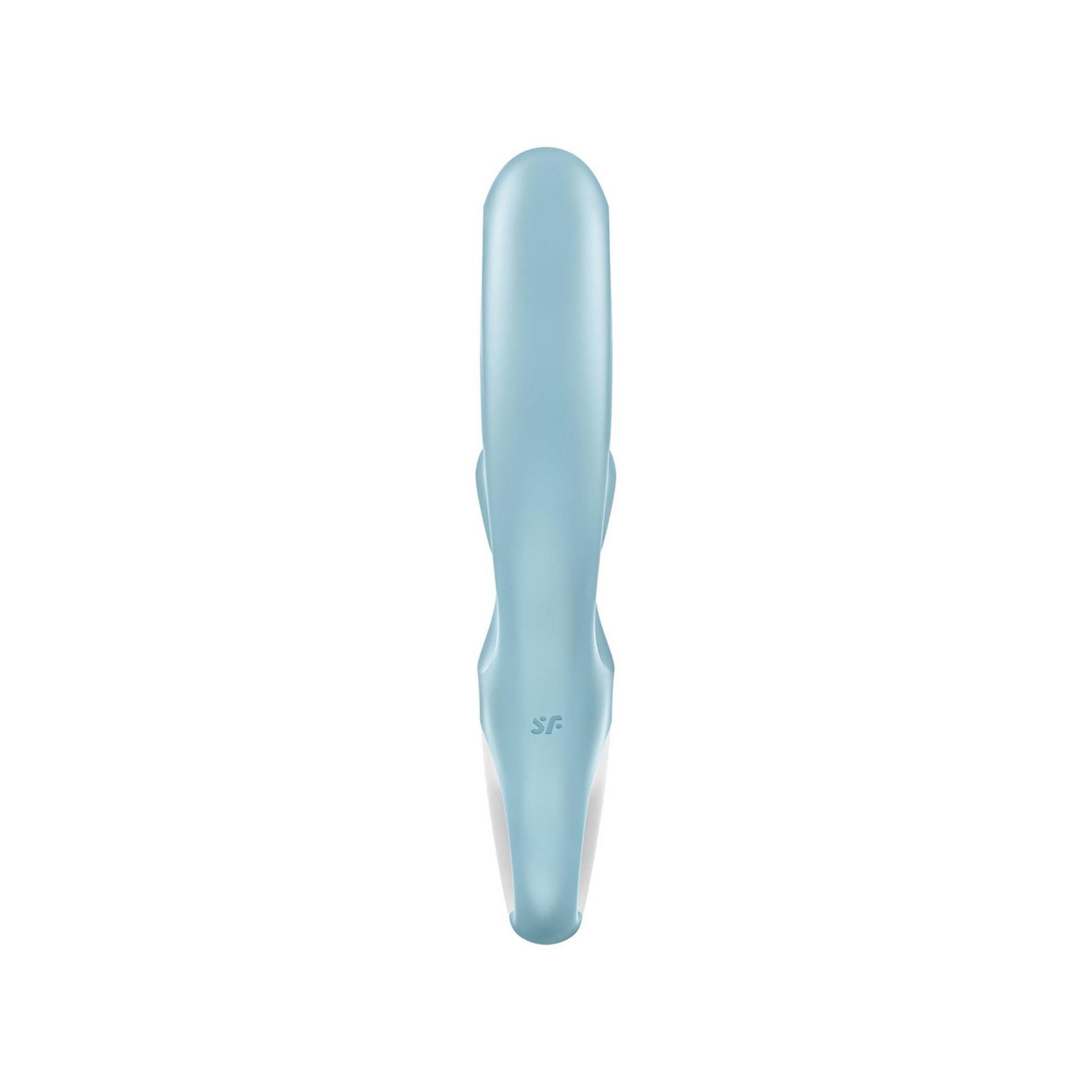 Un vibratore azzurro dalla forma curva, visto da dietro.
