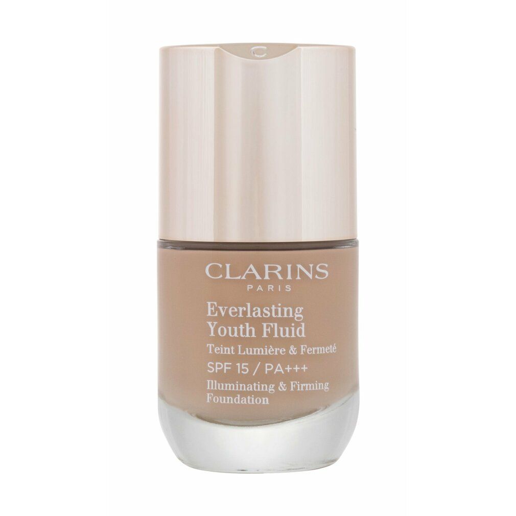 Clarins Everlasting Youth Fluid SPF 15. Flacone con tappo chiaro e contenuto beige. Testo: Teint Lumière & Fermeté.