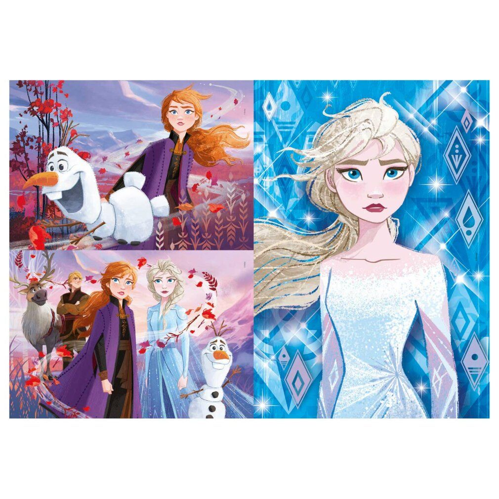 Tre puzzle con motivi Frozen 2. Ogni puzzle mostra i personaggi del film. Marchio Clementoni. Pezzi del puzzle sfusi.