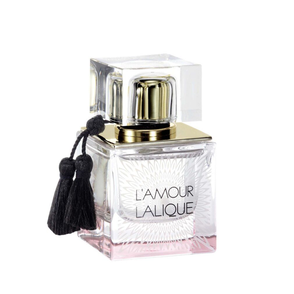 Flacone quadrato in vetro con tappo dorato e nappe. Scritta: L'AMOUR LALIQUE.