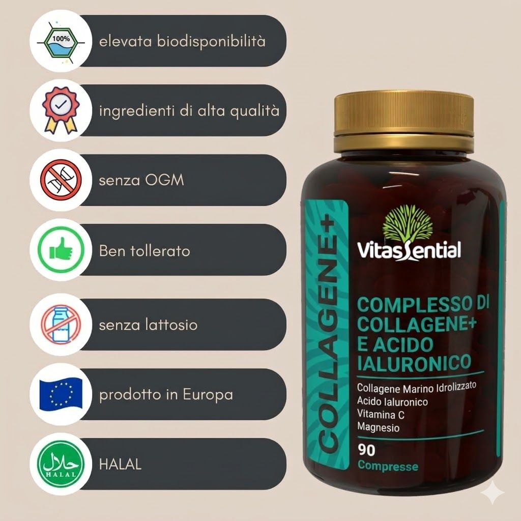 Flacone marrone con compresse. Testo: Collagene+ Hyaluron Complesso. 90 compresse. Con loghi.