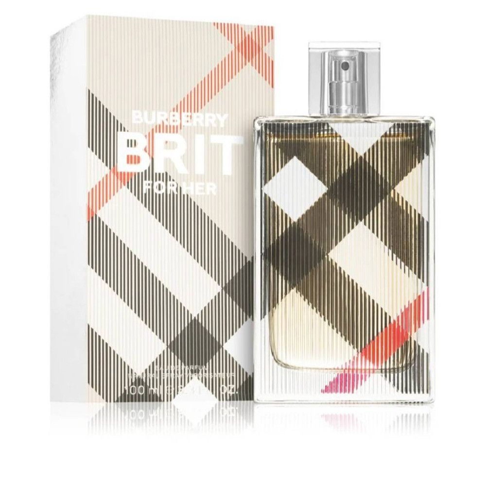 Flacone di profumo e confezione. Flacone rettangolare, a quadri. Confezione con motivo a quadri e scritta Burberry Brit for Her.