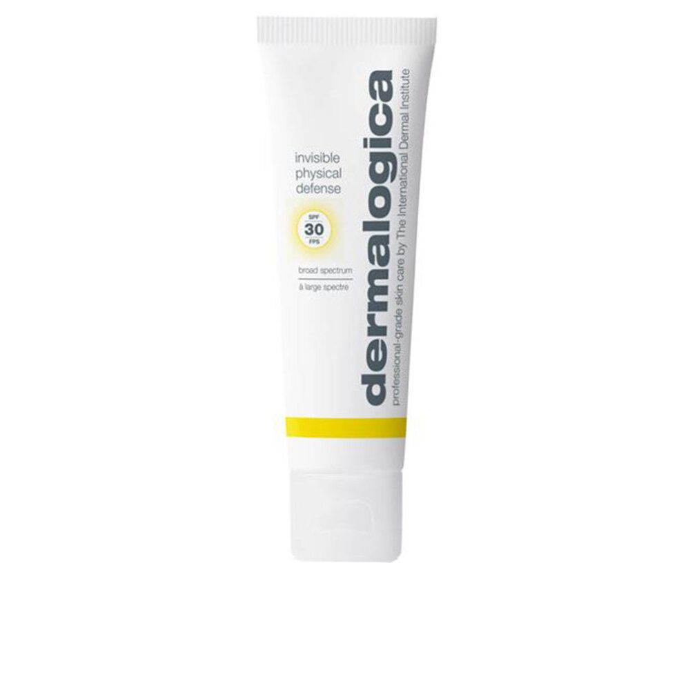 Tubo bianco con striscia gialla. Testo: Invisible Physical Defense, SPF 30, Dermalogica. Scritta: broad spectrum & large spectre.