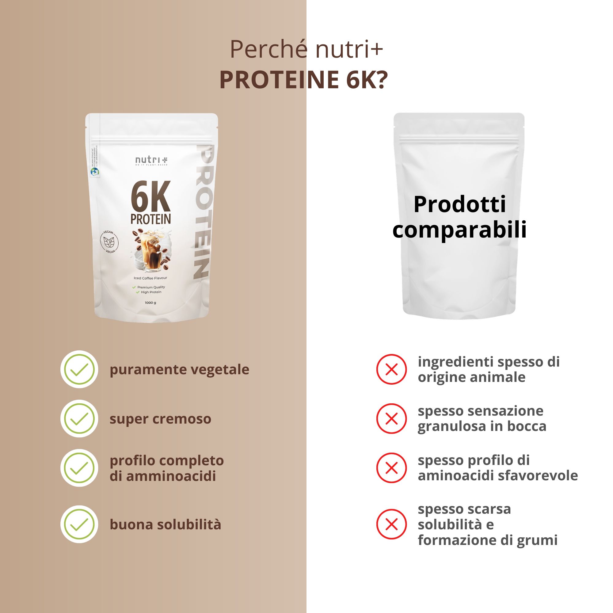 Infografica tedesca: Proteine 6K in polvere, caratteristiche come vegan, senza lattosio, profilo aminoacidico completo.