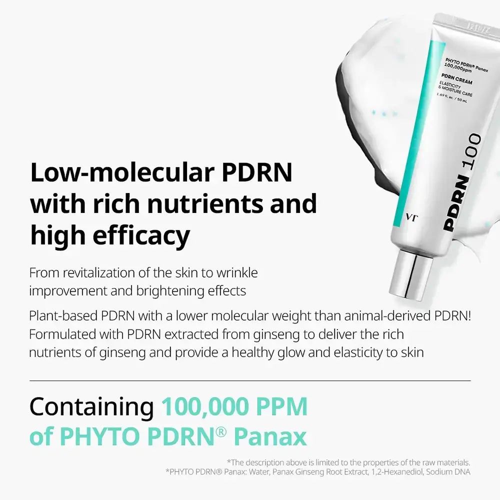 Tubo di crema VT Cosmetics PDRN 100 con tappo argentato e accento turchese.