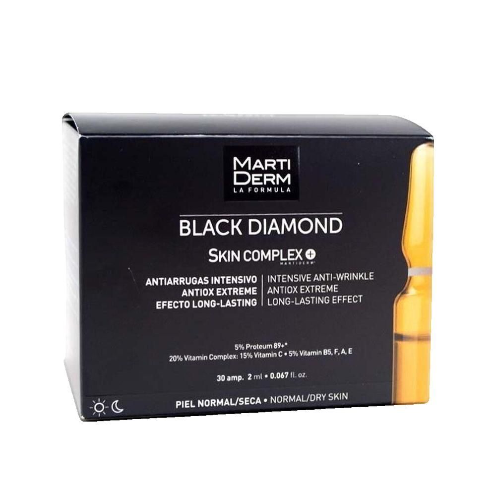 Scatola nera Marti Derm Black Diamond Skin Complex. Ampolla visibile. Testo: Anti-rughe, antiossidante, per pelli normali/secche.