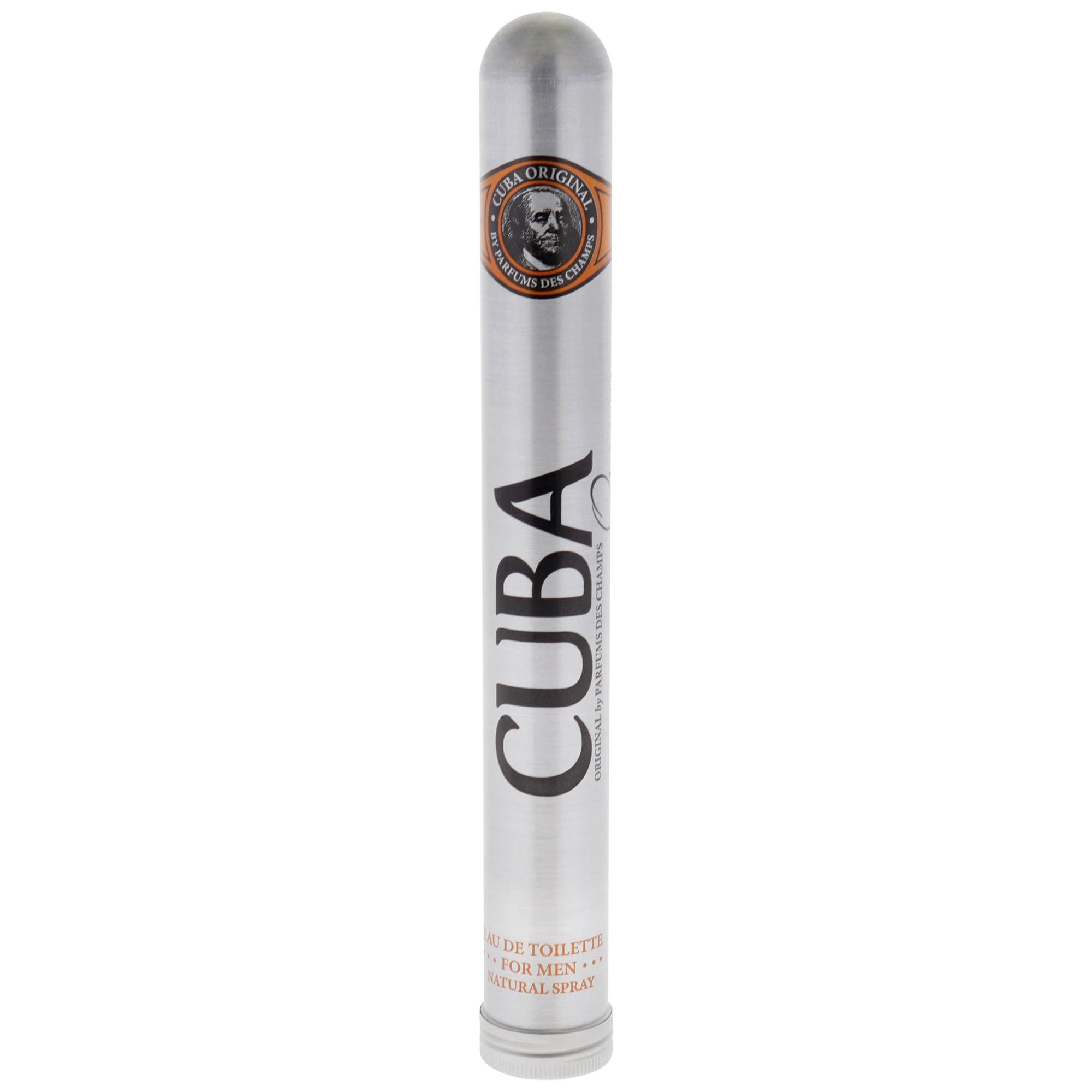 Custodia argentata per flacone di profumo a forma di sigaro. Scritta: CUBA ORIGINAL. Stampa con ritratto. Testo: Eau de Toilette per uomo.