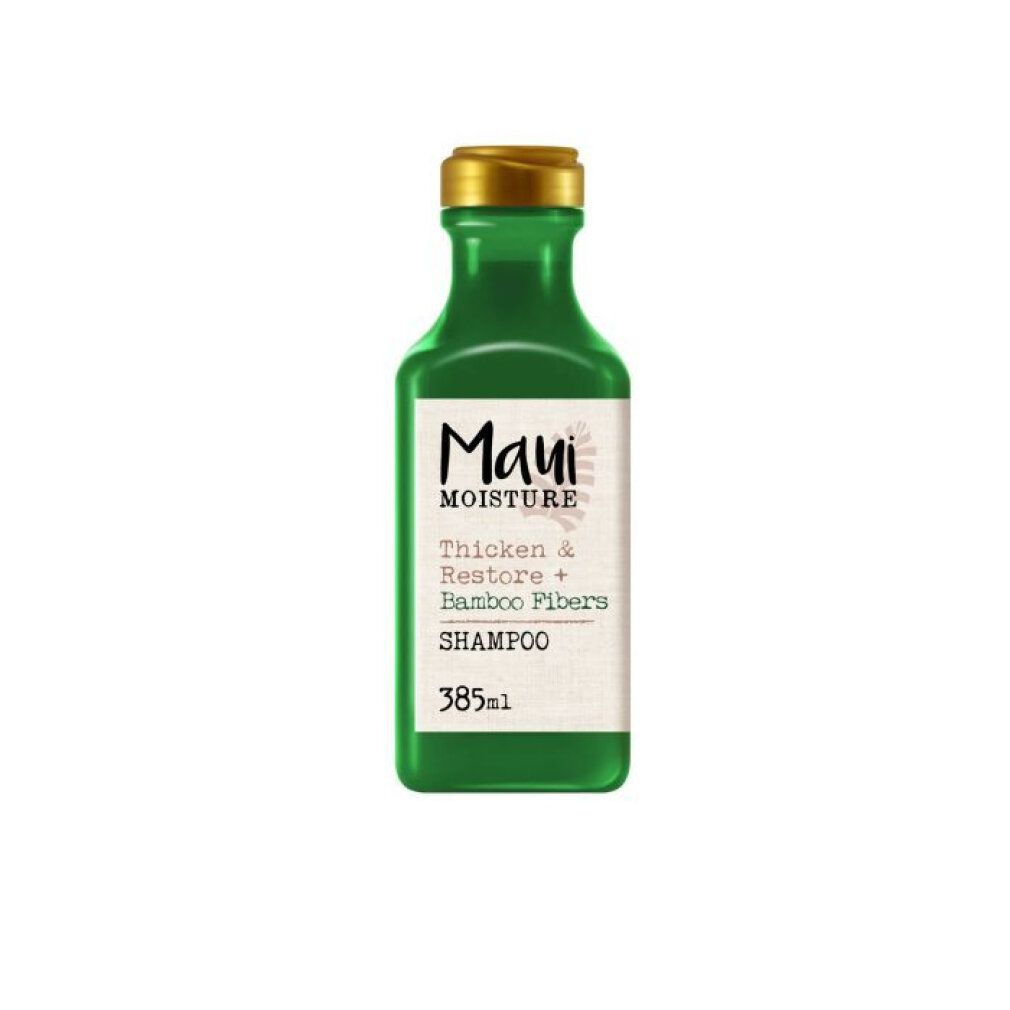 Flacone di shampoo verde con tappo dorato. Etichetta con nome e ingredienti. Volume: 385 ml.