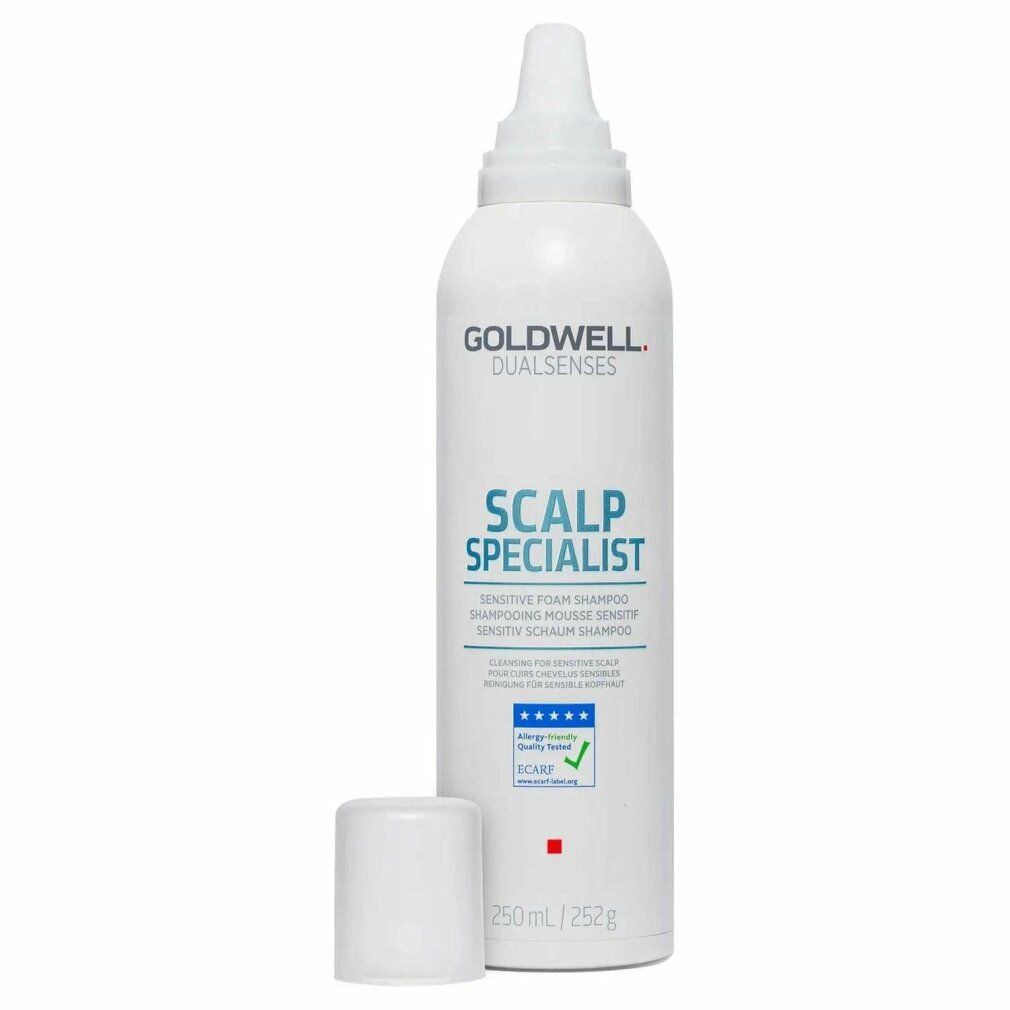Flacone bianco Goldwell Dualsenses Scalp Specialist. Scritto: Sensitive Foam Shampoo. Tappo accanto. 250 ml.