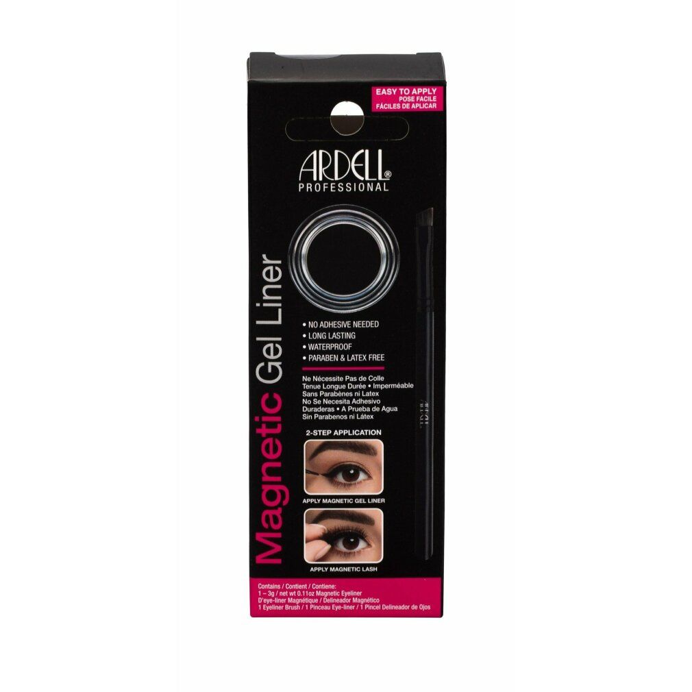 Ardell Magnetic Gel Liner. Confezione di eyeliner in gel nero con pennello. Contiene informazioni sugli ingredienti e l'applicazione.