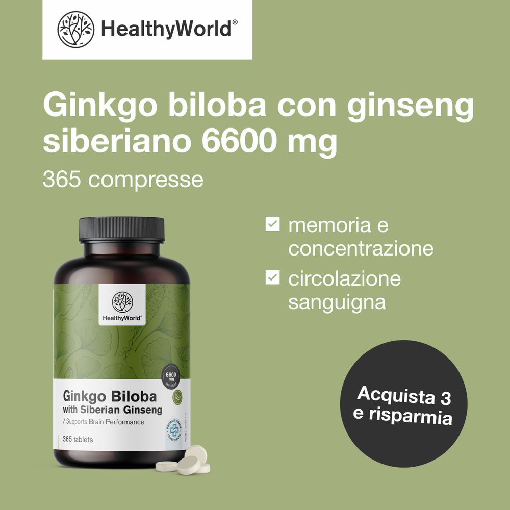 Flacone con testo: Ginkgo biloba con ginseng siberiano 6600 mg. 365 compresse. Marchio: HealthyWorld. Con caselle di controllo.