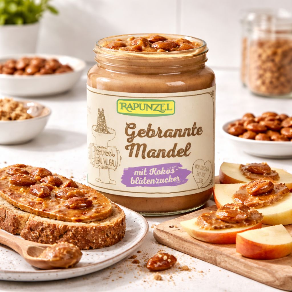Crema Rapunzel Mandorle Caramellate con Zucchero di Fiori di Cocco in vasetto, su pane e spicchi di mela.