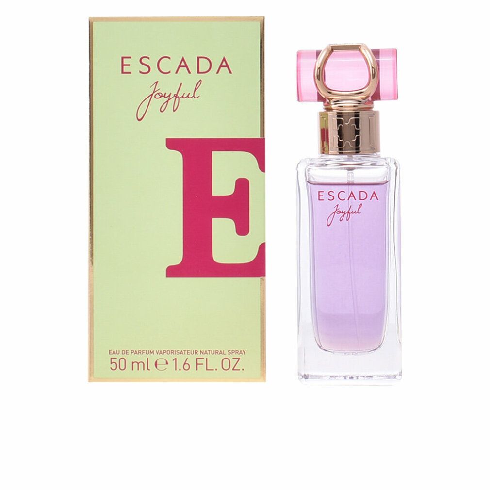 Flacone di profumo e scatola. Flacone rettangolare, liquido rosa, tappo rosa. Scatola verde, scritta Escada Joyful.