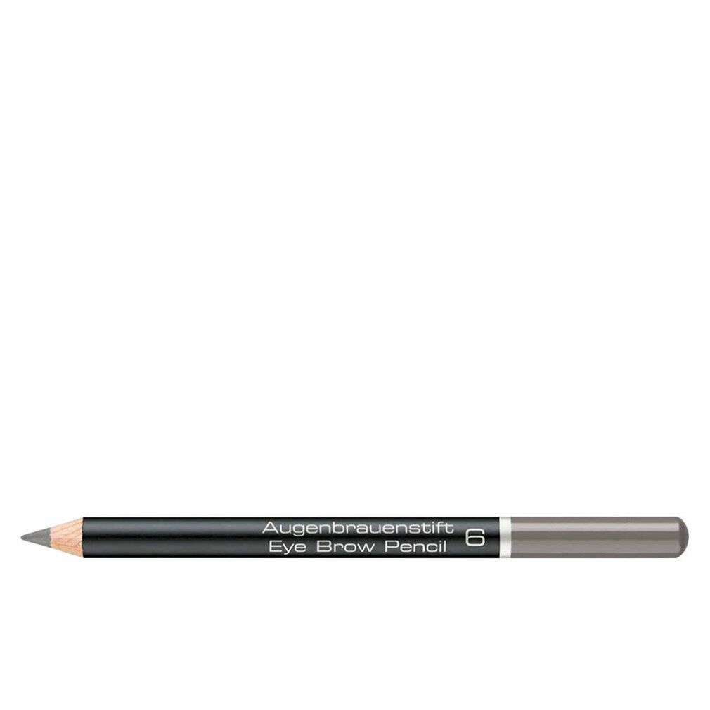 Matita per sopracciglia grigia. Fusto nero con scritta 'Augenbrauenstift Eye Brow Pencil 6'. Punta e estremità inferiore grigie.