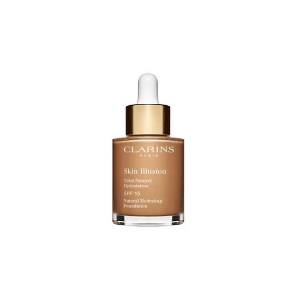 Flacone di fondotinta liquido. Scritte: Clarins, Skin Illusion, Teint Naturel Hydratation, SPF 15, Natural Hydrating Foundation.