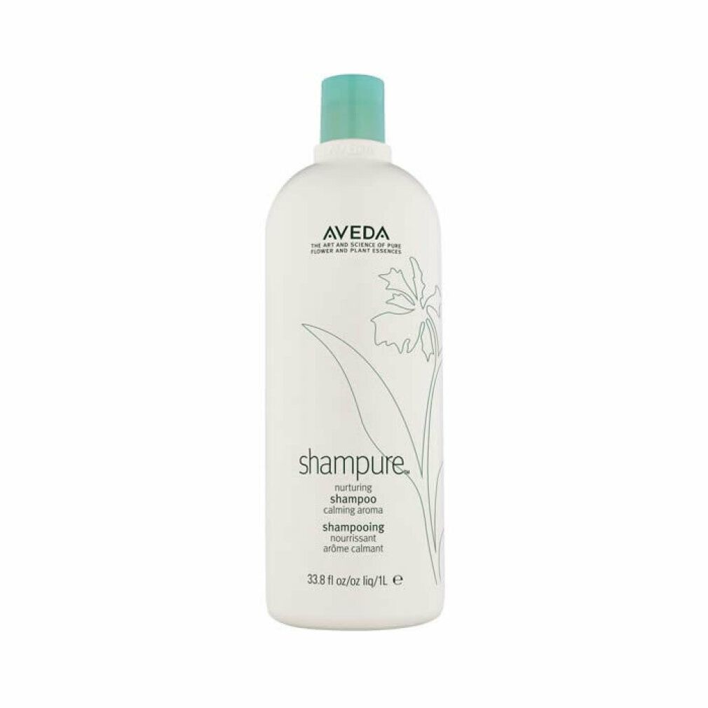 Flacone di shampoo bianco con tappo blu. Scritte: Aveda, Shampure, shampoo nutriente. Decorazione floreale.