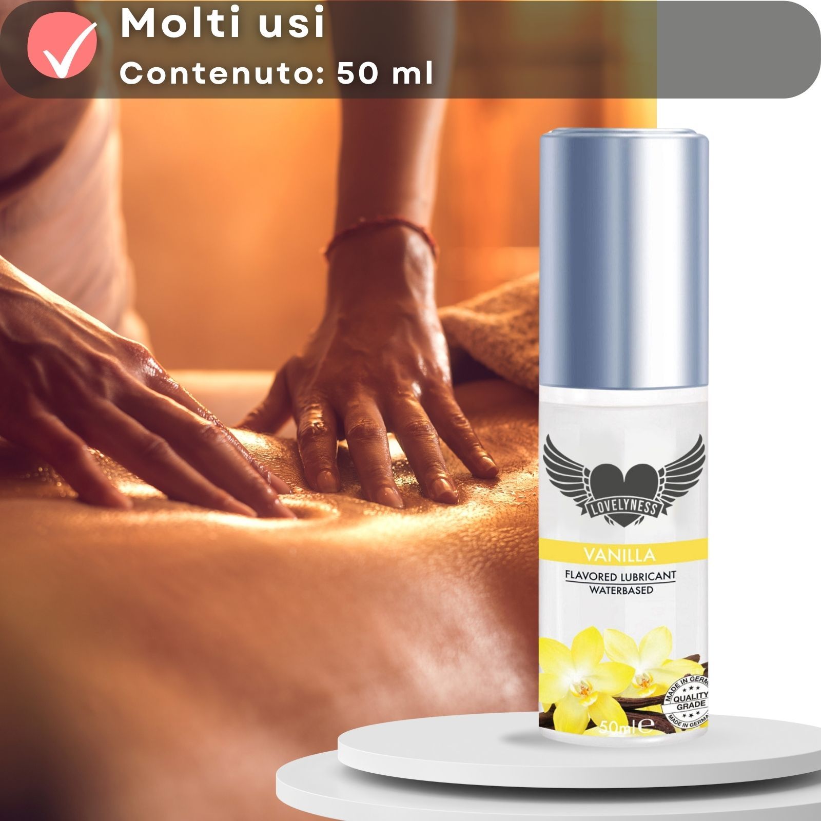 Lubrificante per molti usi. Contenuto: 50 ml. Flacone con tappo argentato. Scena di massaggio sullo sfondo.