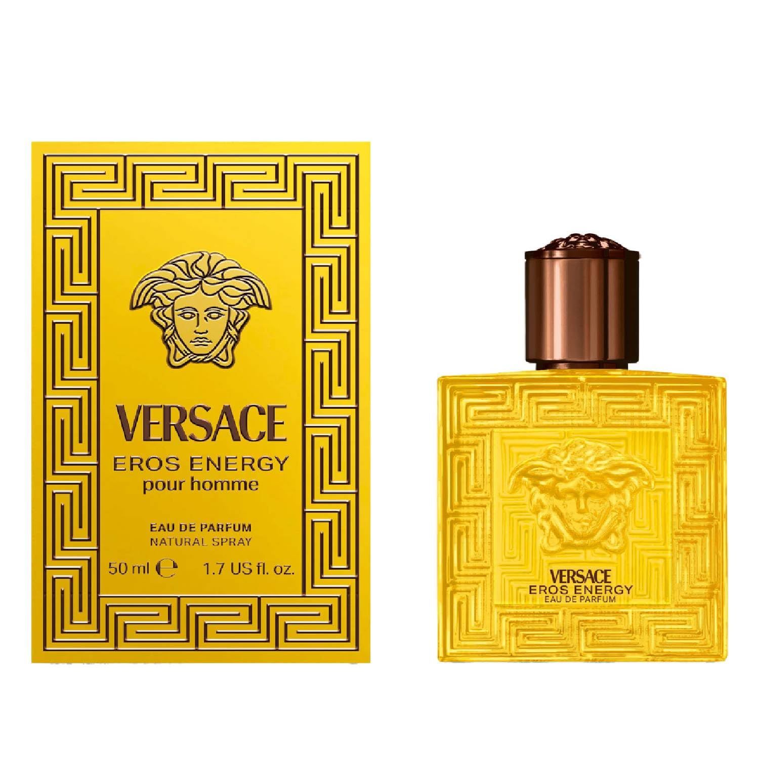 Flacone e confezione gialli. Scritta: Versace Eros Energy. Flacone quadrato con tappo marrone. Confezione con logo Medusa.