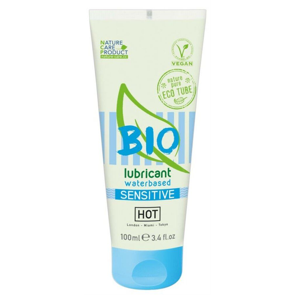 Tubo di lubrificante BIO SENSITIVE a base d'acqua. Vegan, Eco Tube. Scritta HOT.