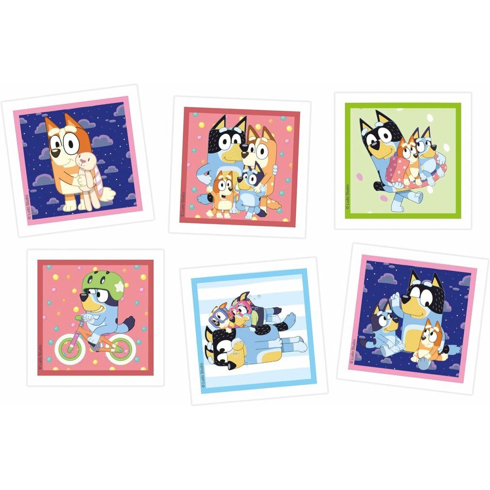 Sei carte con motivi Bluey. Ogni carta mostra Bluey e la sua famiglia in diverse scene. Sfondi e design diversi.