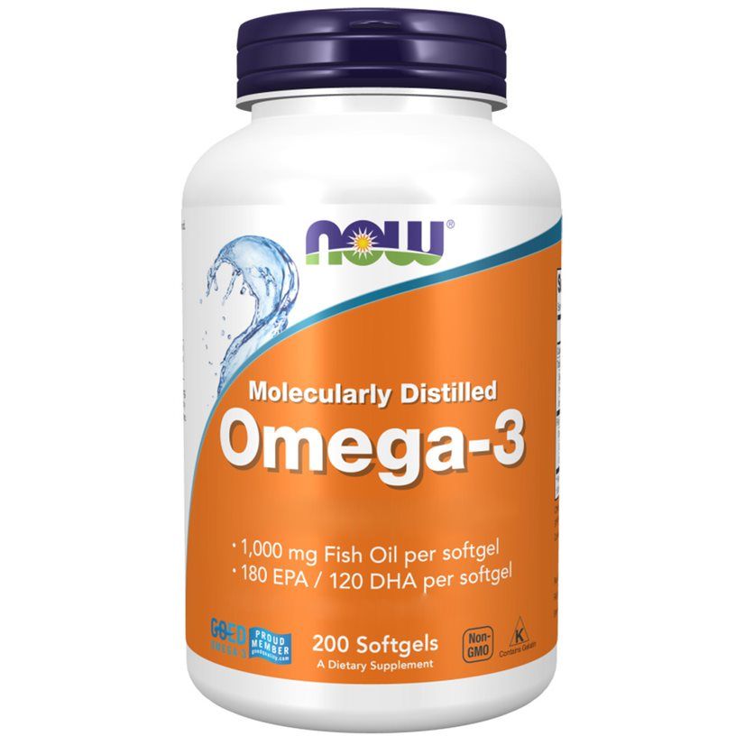 Flacone bianco con tappo blu. Etichetta arancione con nome del prodotto: Molecularly Distilled Omega-3. Marchio: Now Foods.