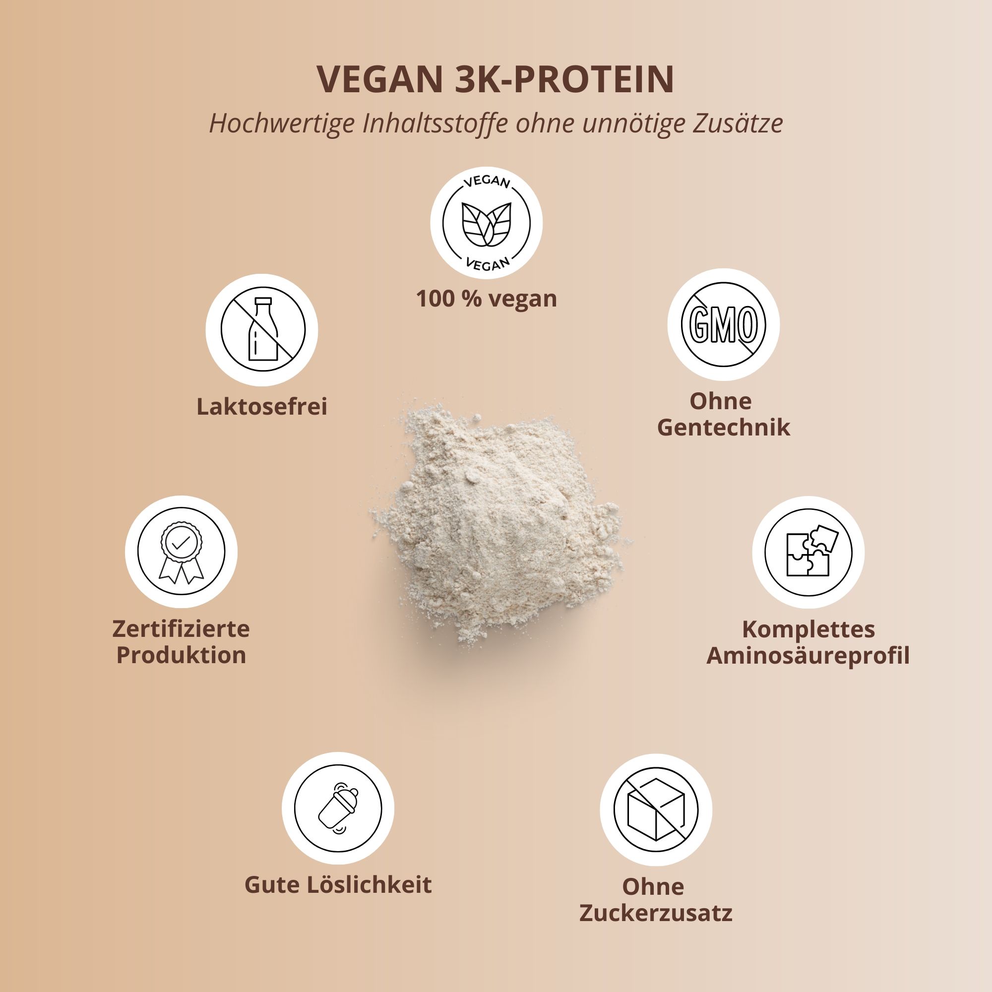 Disposizione circolare di simboli e testo. Vegan 3K Protein. Senza lattosio, senza OGM, produzione certificata, ecc.