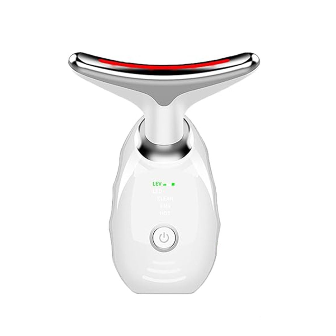 Massaggiatore viso e collo bianco con accenti argentati e barra LED rossa.