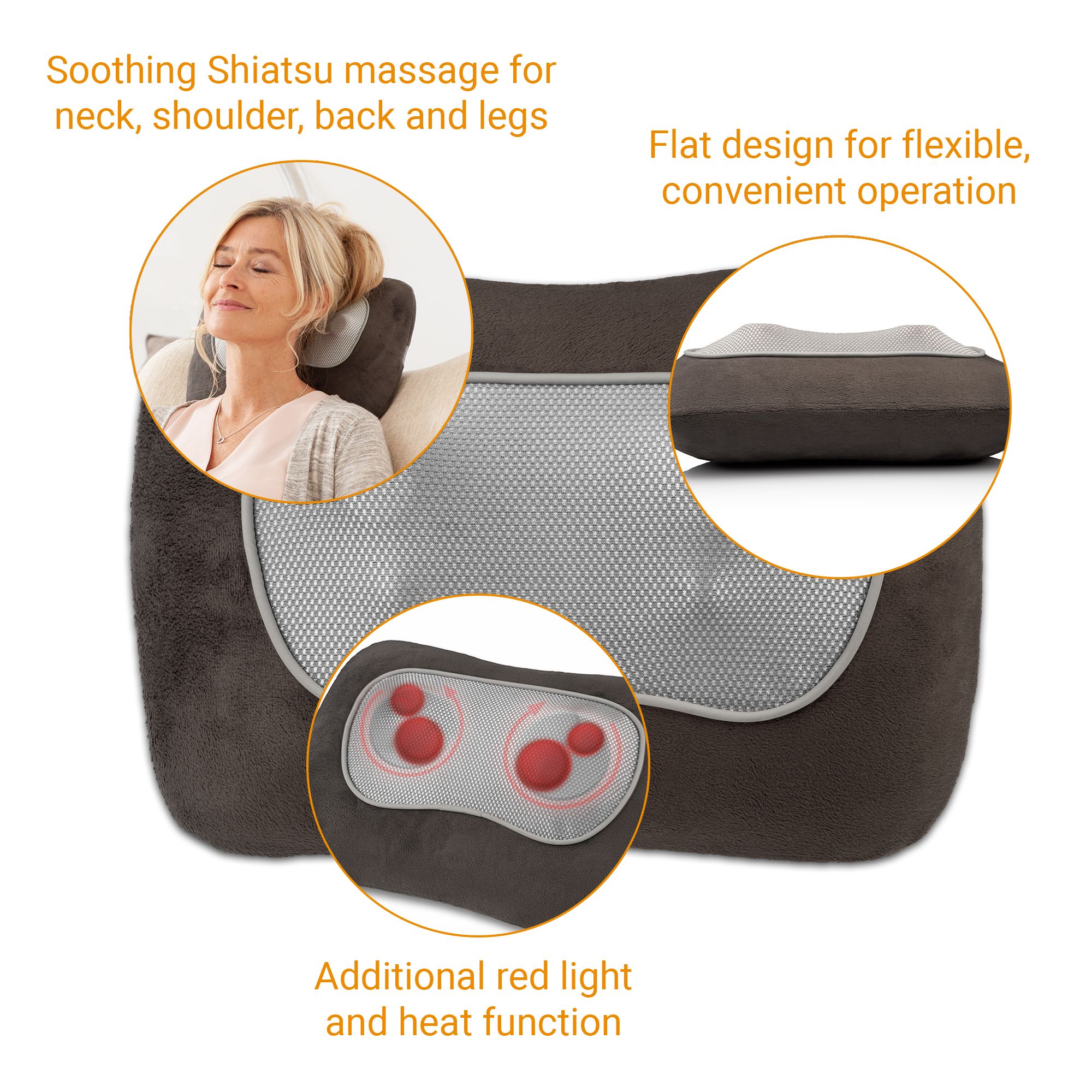 Cuscino massaggiante Shiatsu grigio con funzione luce rossa e calore. Design piatto. Testo: Soothing Shiatsu massage.