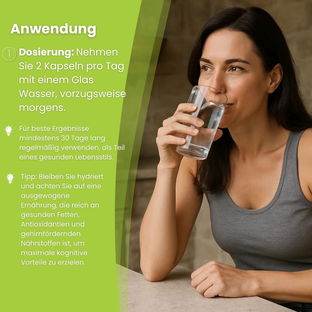 Donna che beve acqua. Testo in tedesco sull'applicazione e il dosaggio di Biostile Brain Support.