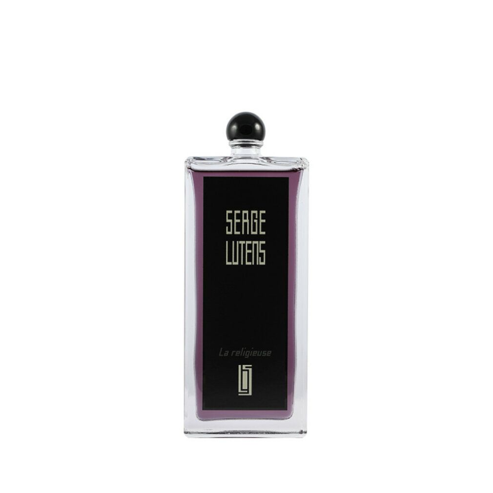 Serge Lutens La Religieuse EdP Nat. Spray. Flacone rettangolare, etichetta nera, tappo nero. Liquido viola.