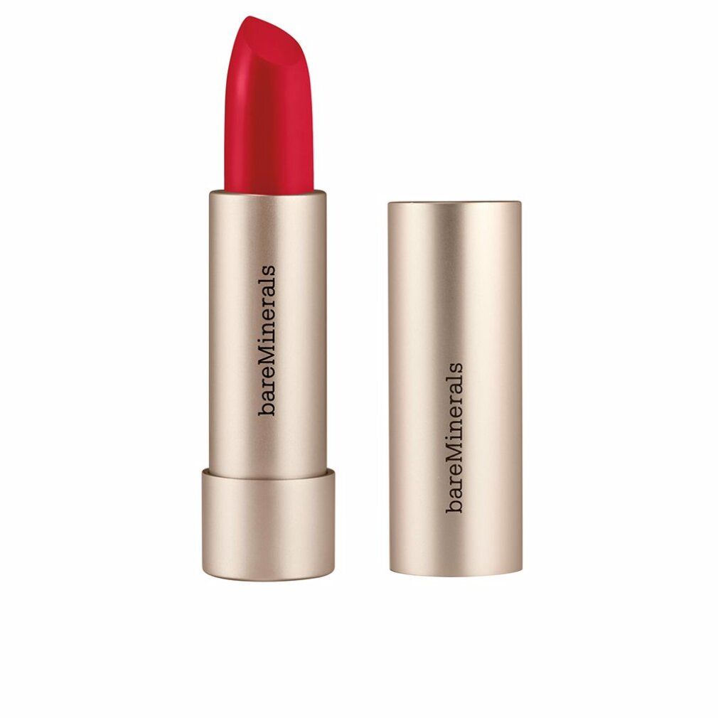 Rossetto rosso in astuccio dorato. Tappo accanto. Marchio: bareMinerals.