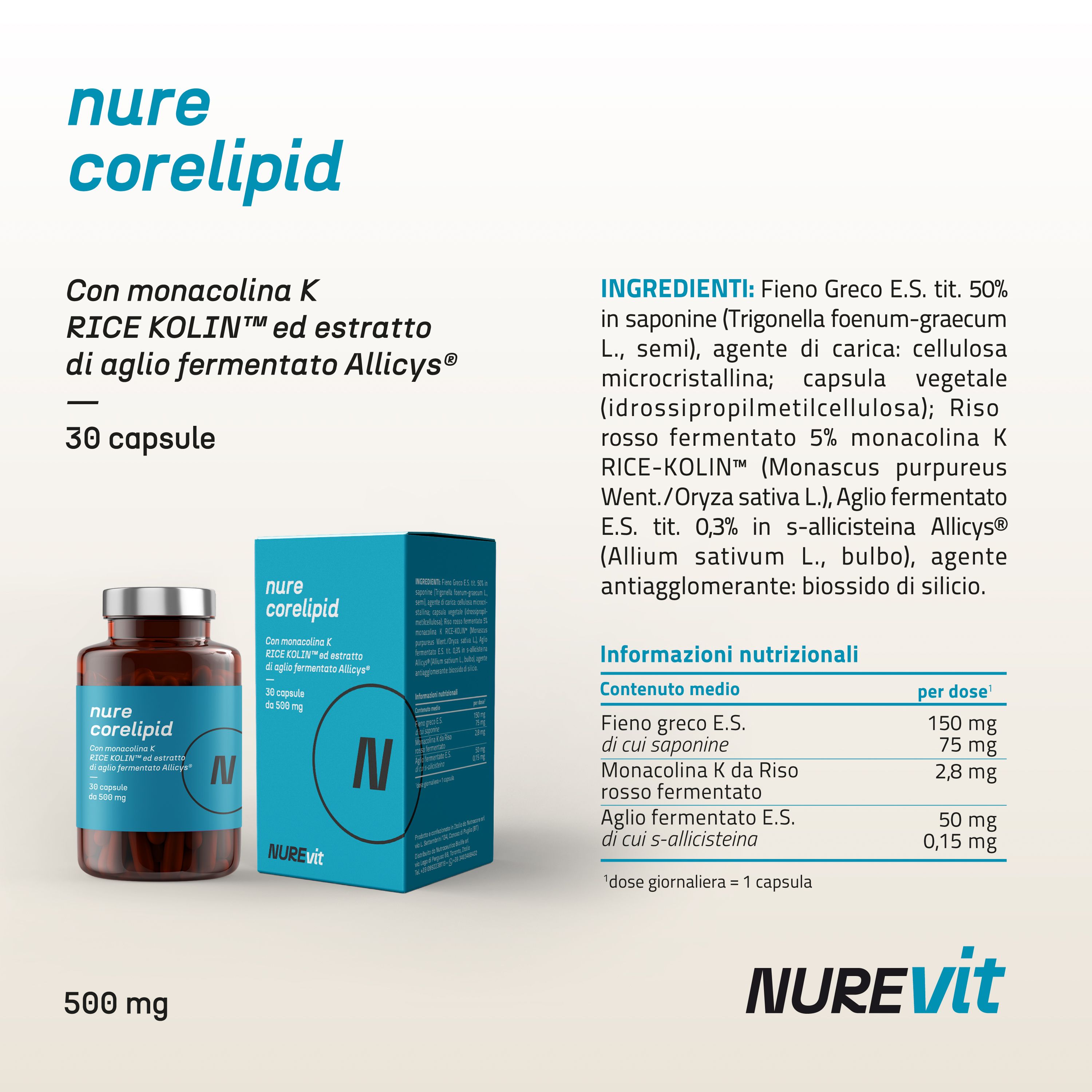 NURE Corelipid 30 cps 500 mg - Integratore per Colesterolo e Salute Cardiovascolare