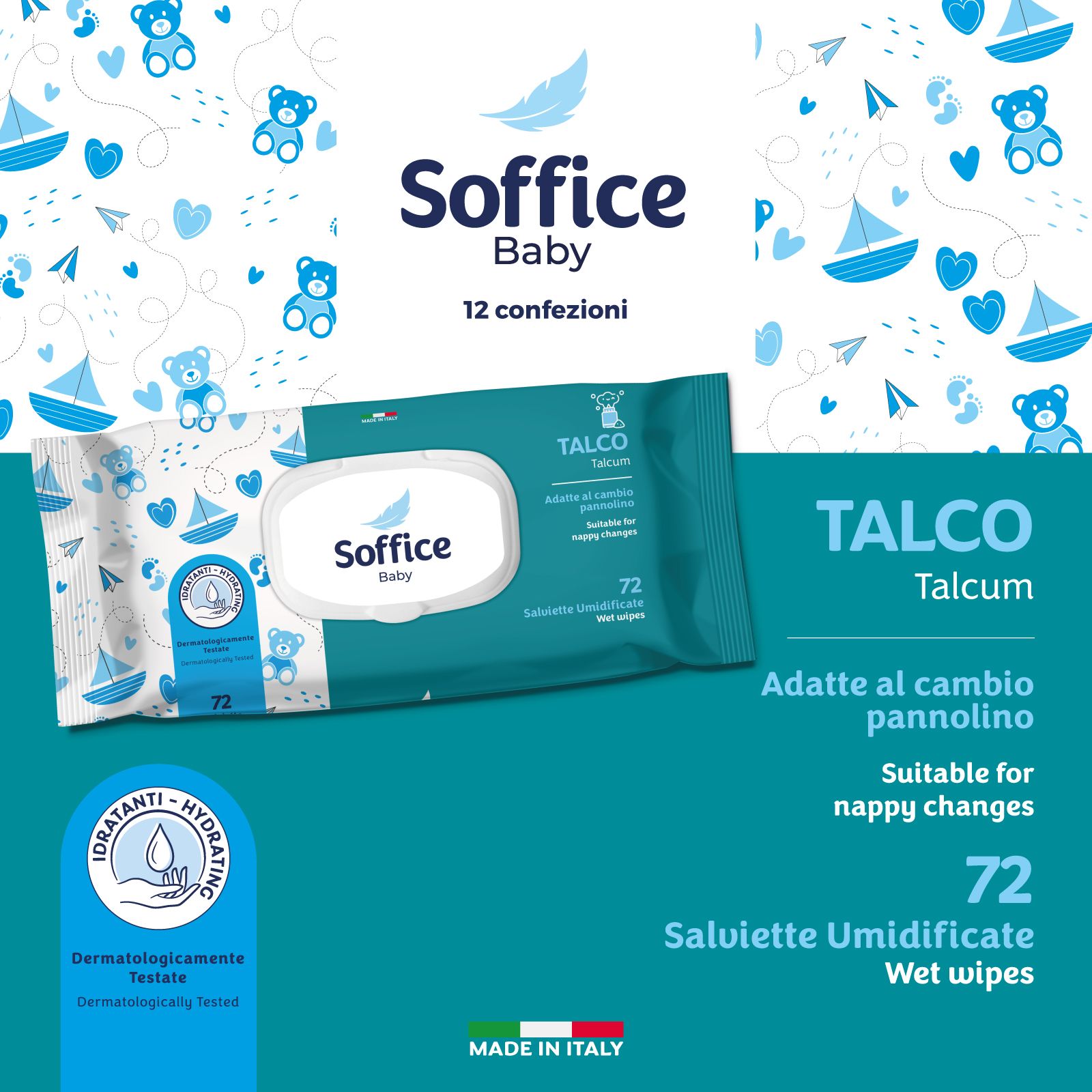 Confezione blu-turchese di salviette umidificate. Scritta: Soffice Baby, Talco, 72 salviette. Adatte al cambio pannolino. Dermatologicamente testato. Made in Italy.