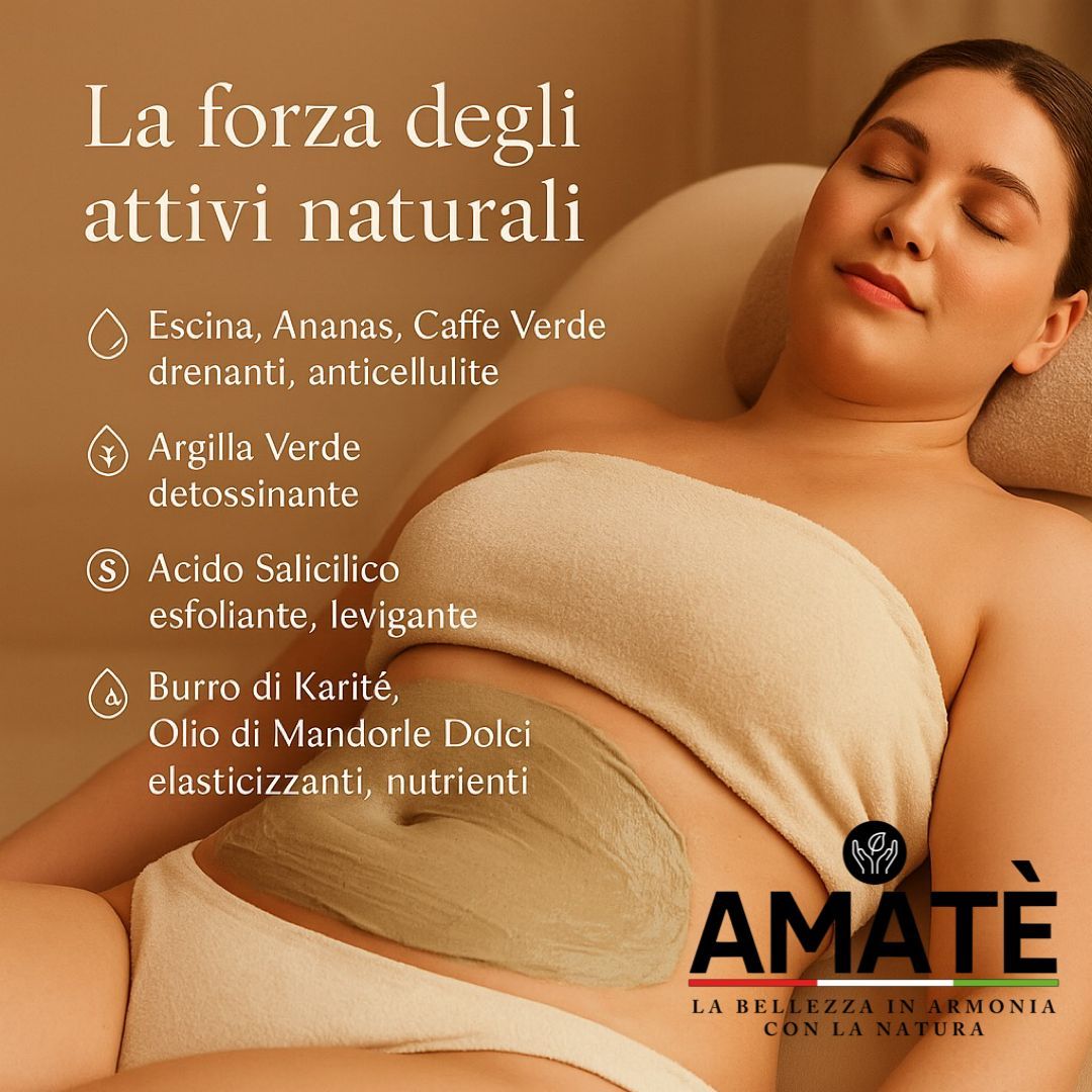 Donna con fango applicato. Testo: La forza degli attivi naturali. Logo Amatè.