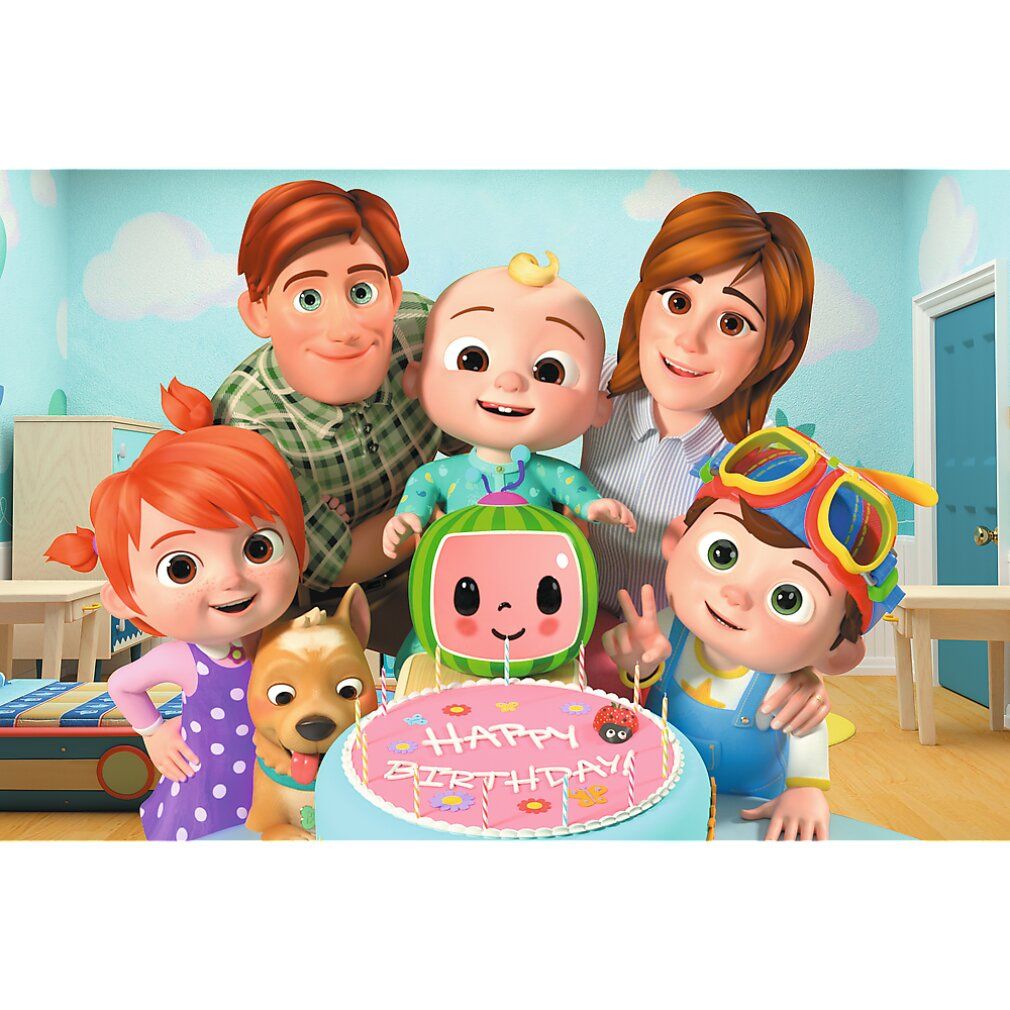 Puzzle Cocomelon con personaggi, famiglia e torta con scritta Happy Birthday.