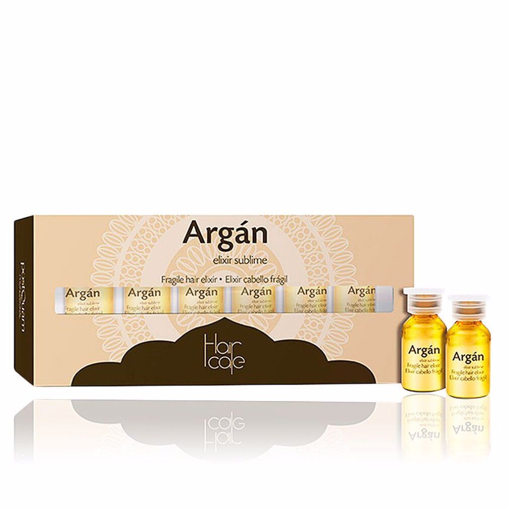 Confezione in cartone con sei fiale e due flaconi. Scritta: Argan, Elixir sublime, Fragile hair elixir. Marchio: Hair cafe.