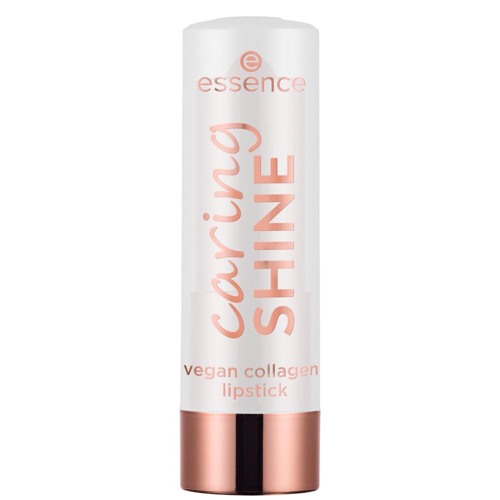 Rossetto in astuccio bianco con base color rame. Scritta: Caring Shine, vegan collagen lipstick, logo Essence.