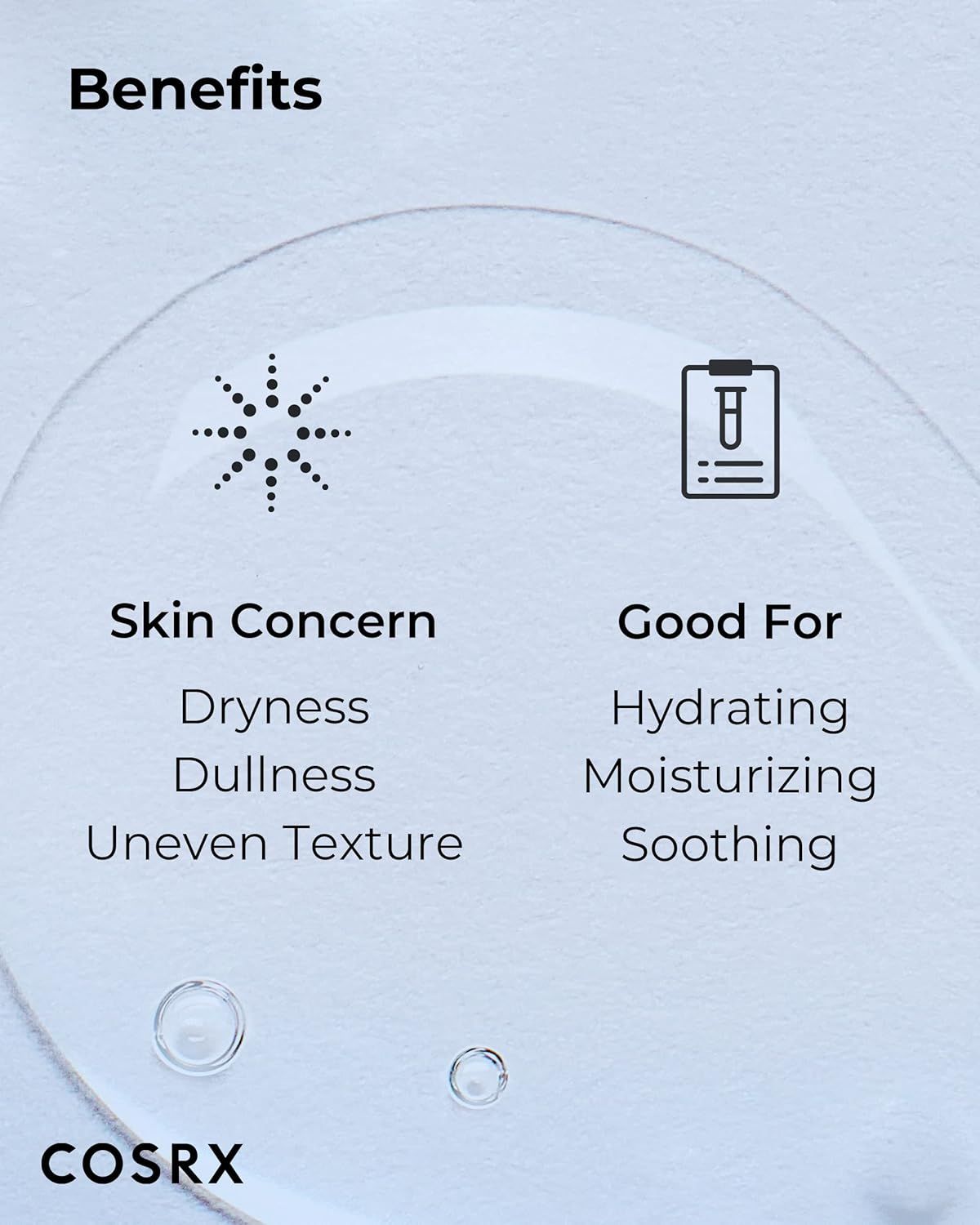 Testo: Benefits. Skin Concern: Dryness, Dullness, Uneven Texture. Good For: Hydrating, Moisturizing, Soothing. Su sfondo chiaro.