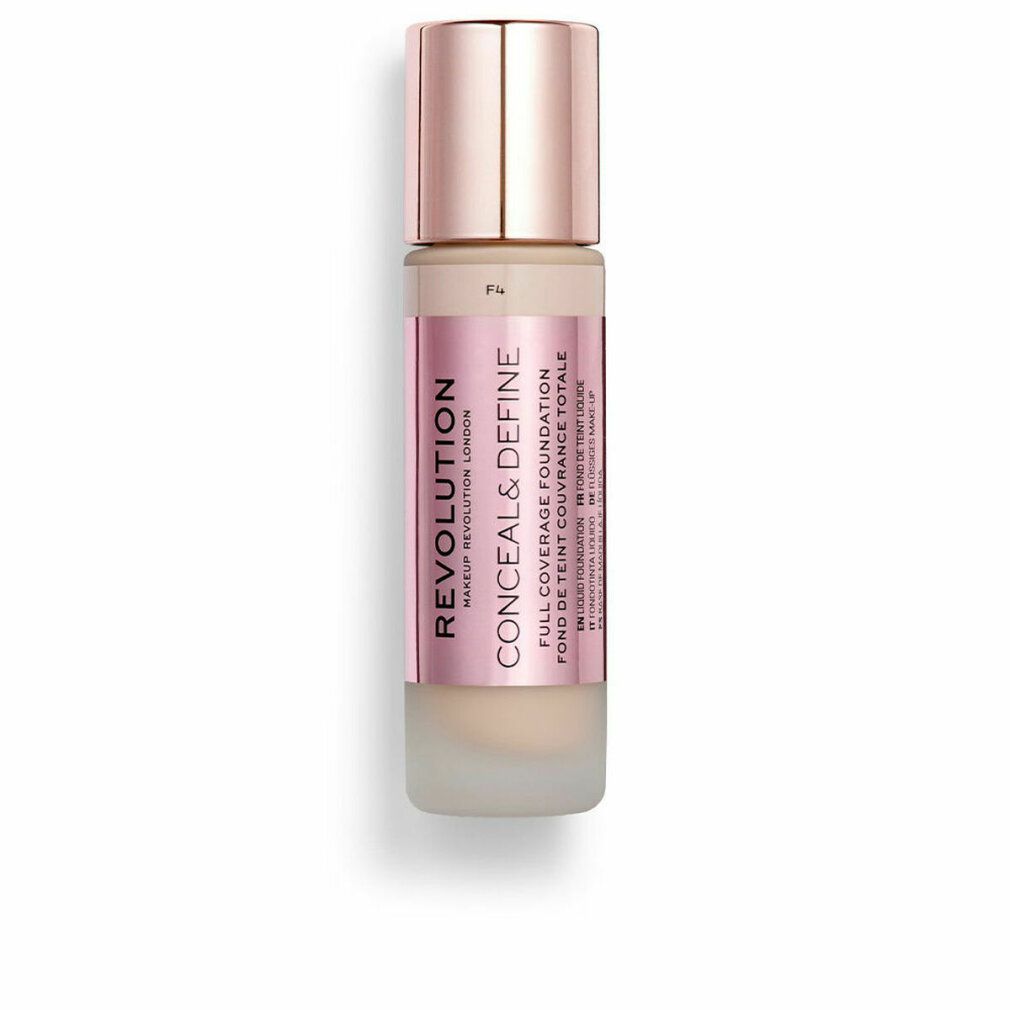 Flacone di trucco con etichetta rosa. Tappo color oro rosa. Nome prodotto: CONCEAL & DEFINE. Scritta: FULL COVERAGE FOUNDATION.