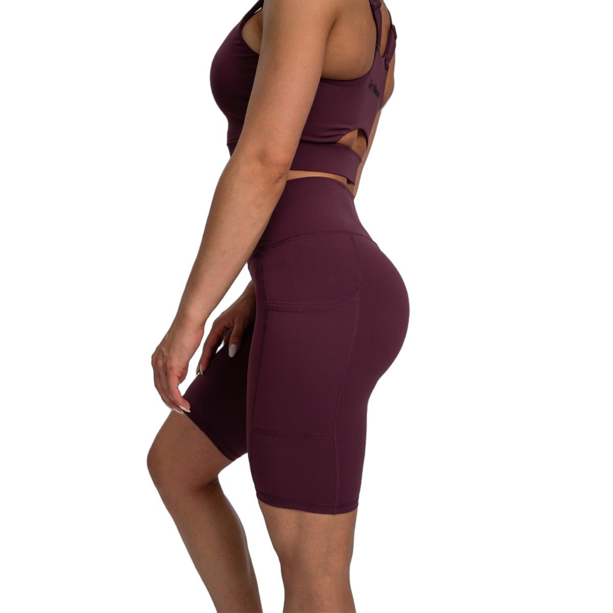 Pantaloncini da donna Biker e reggiseno sportivo in bordeaux, vista laterale.