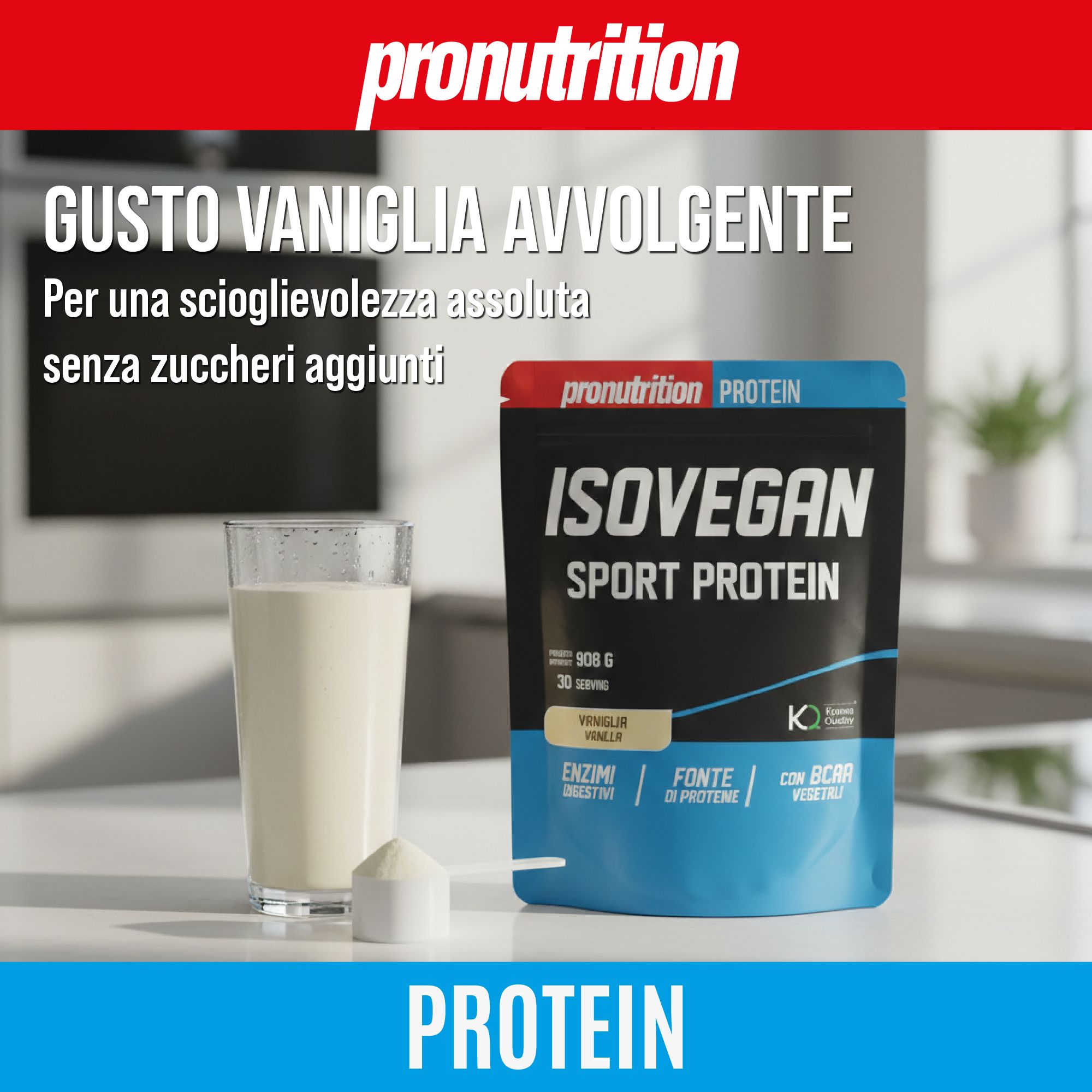 Busta nera Isovegan Sport Protein, vaniglia. Con bicchiere di latte e cucchiaio. Senza zuccheri aggiunti. Contiene enzimi e proteine.
