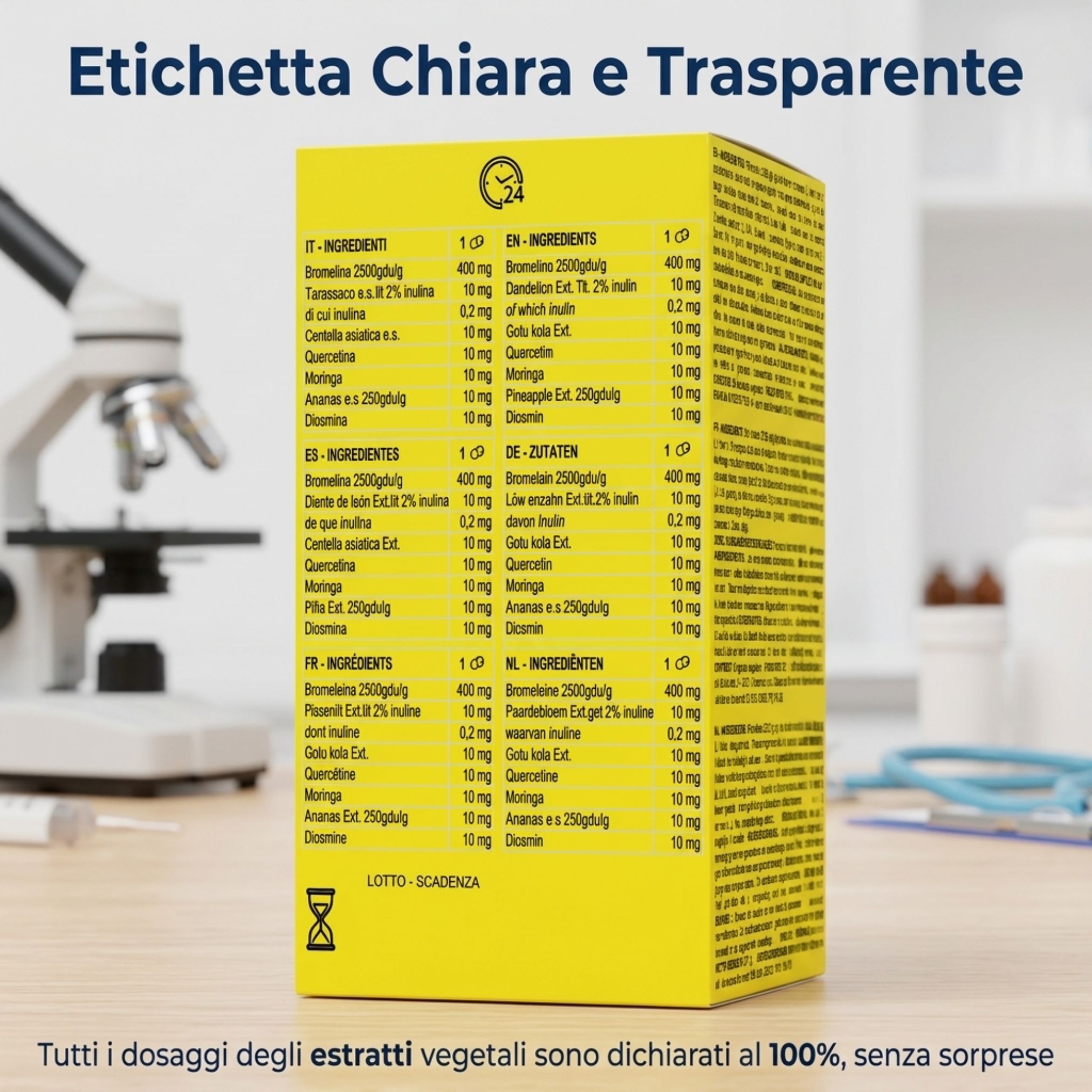 Confezione gialla con elenco dettagliato degli ingredienti per le capsule di Bromelina.