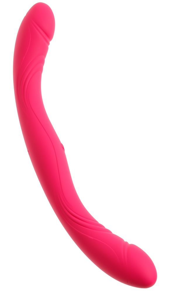 Un massaggiatore curvo rosa con motivo a coste.