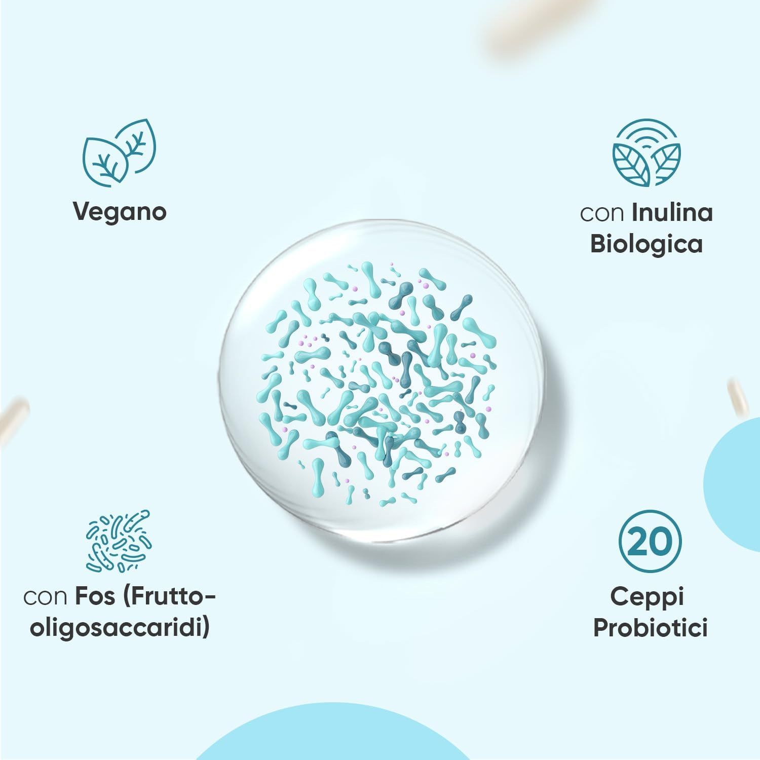 Immagine con ingredienti. Testo: Vegano, con Bio-Inulina, con FOS (Frutto-oligosaccaridi), 20 ceppi probiotici.