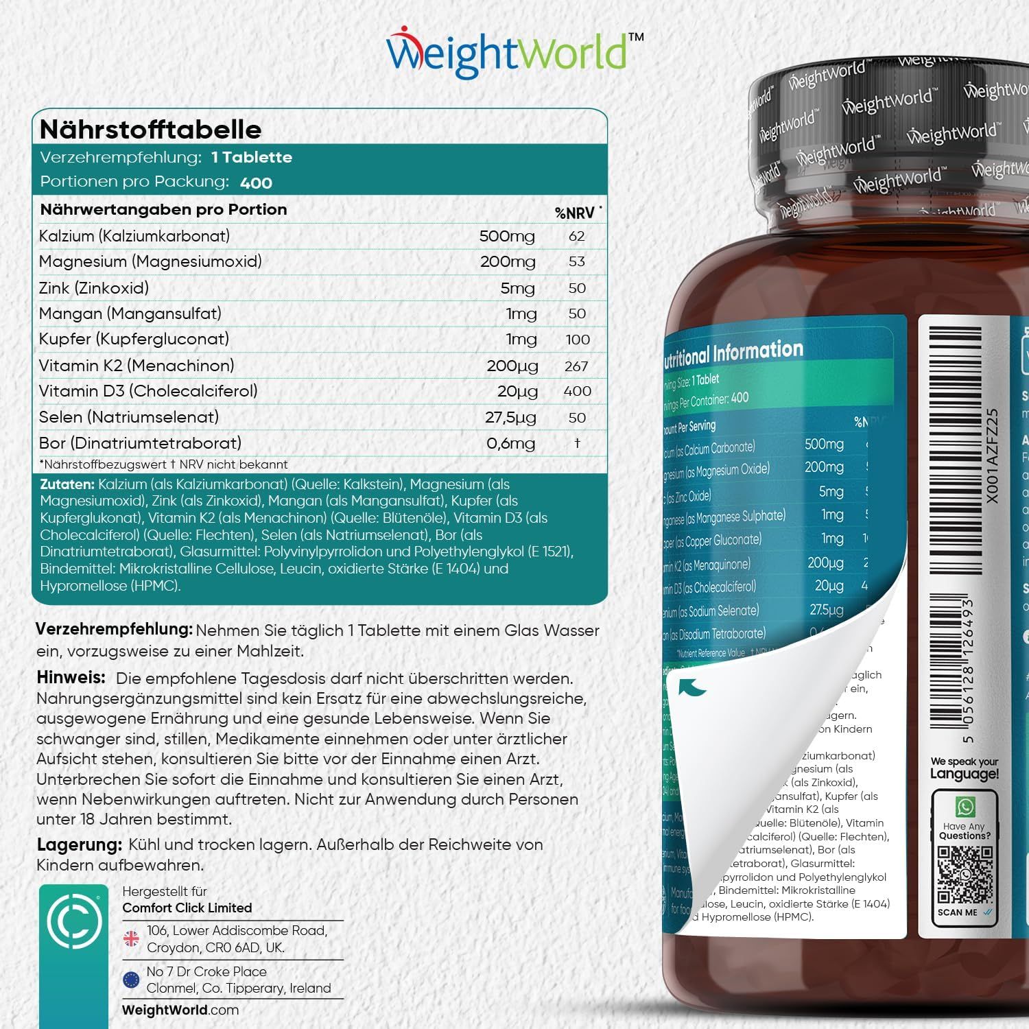 Tabella nutrizionale con ingredienti e una bottiglia di WeightWorld Calcio Magnesio Zinco. Testo: Tabella nutrizionale.