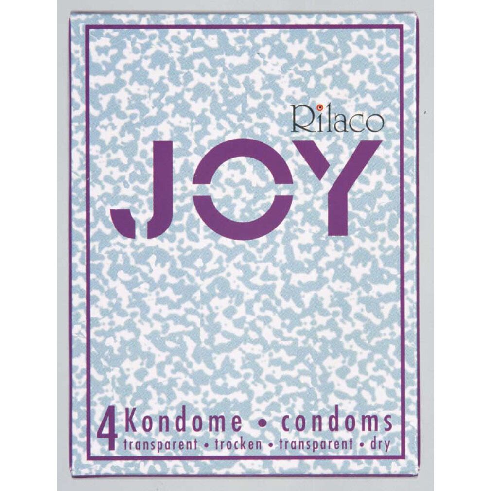 Confezione del prodotto "JOY" con logo "Rilaco". Contiene 4 preservativi. Scritta: trasparente, asciutto.