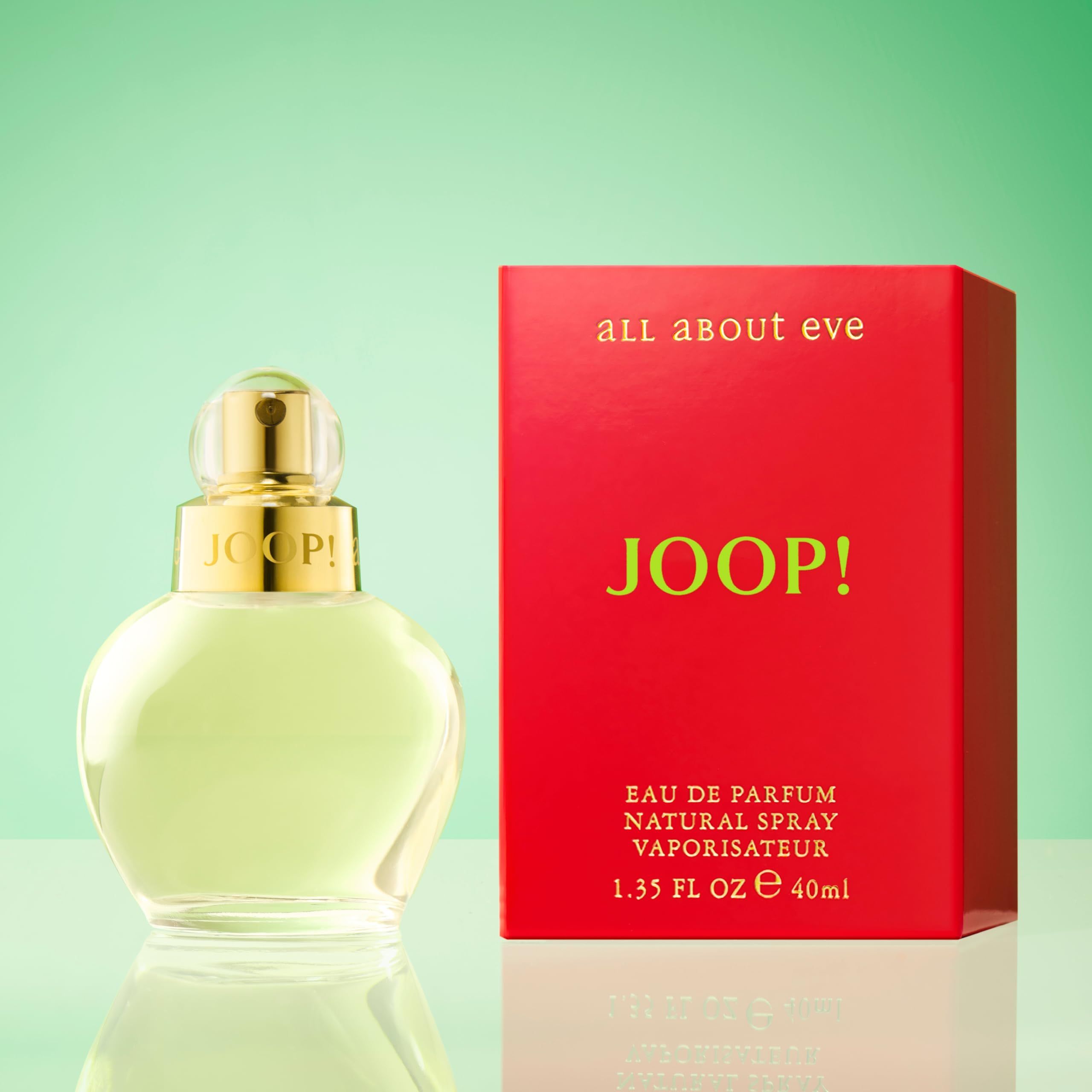 Joop! All About Eve Edp Spray e confezione rossa. Flacone rotondo, tappo dorato. Confezione con scritta JOOP! e testo.