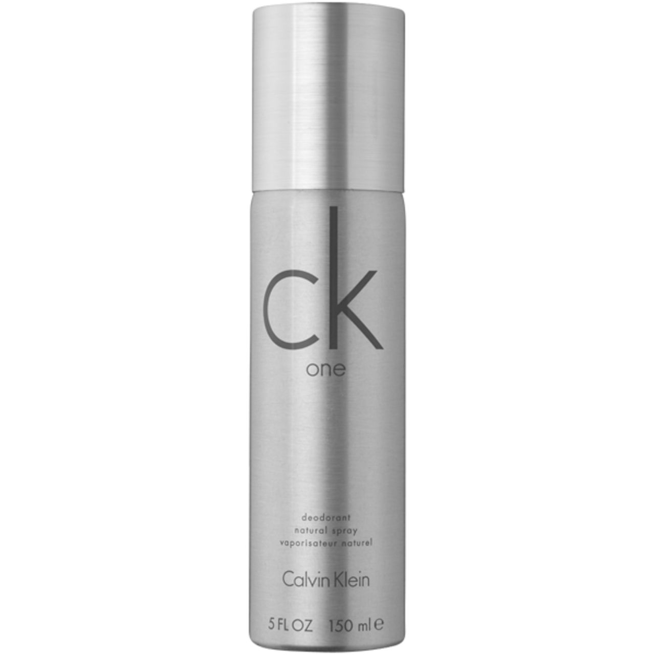 Flacone spray deodorante argento Calvin Klein. Scritta 'ck one' e '5 FL OZ 150 ml'.